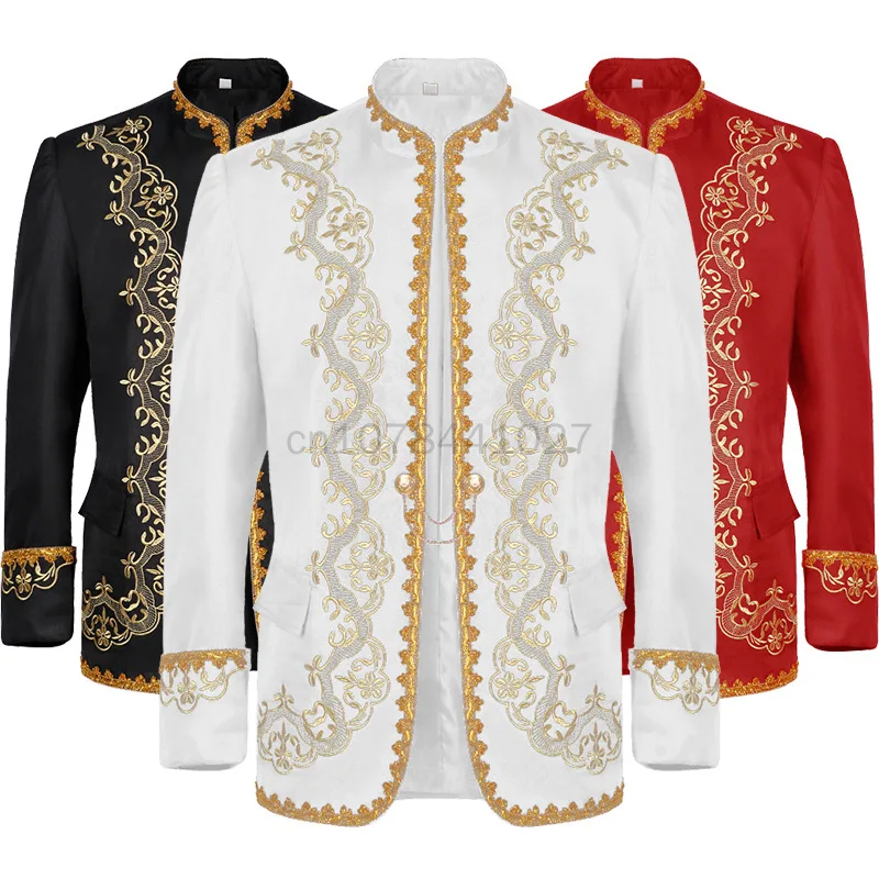 Men's Halloween Cosplay Vintage Prince Jacket Embroidery Medieval Military Stand Collar Coat Retro Wedding Groom King Costume