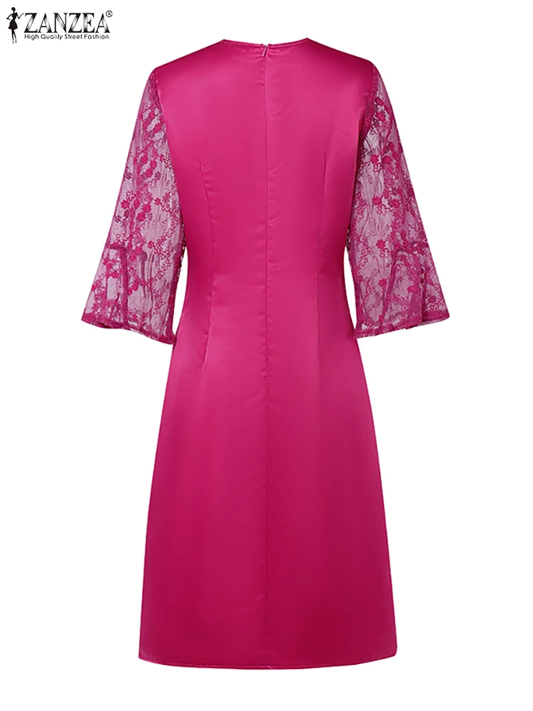 ZANZEA Elegant Fashion Sheer Dresses Shiny Satin V-Neck Lace Patchwork Womens Vestidos 3/4 Flared Sleeve Slim Knee-Length Robes