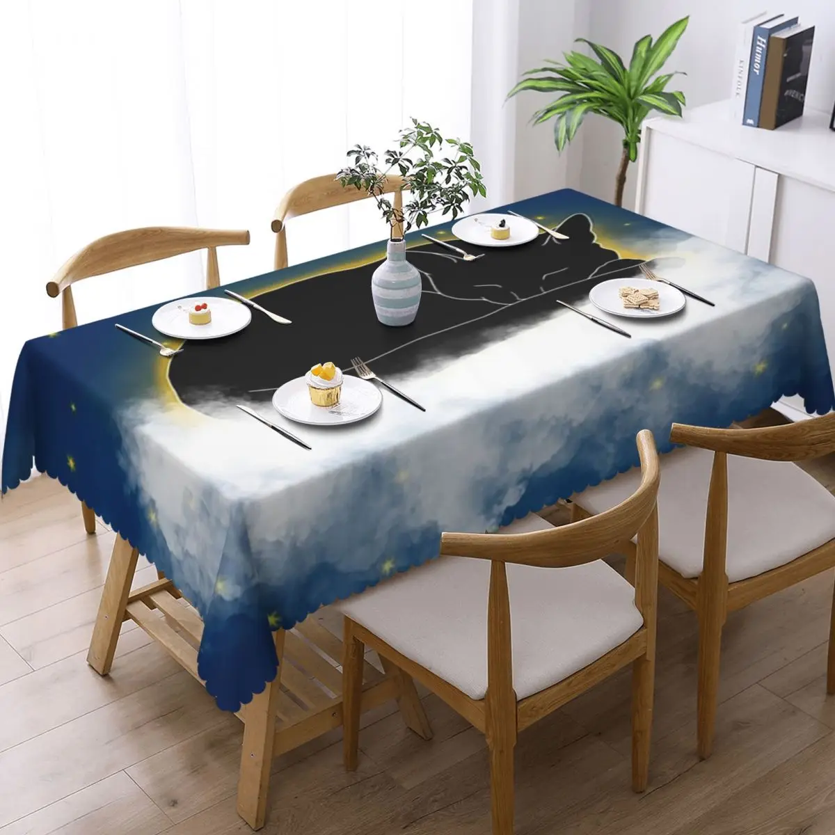 Black Cat And Dreamy Cloudy Night Sky Customized Rectangular Tablecloth Oilproof Table Cover for Dining Events Table Cloth