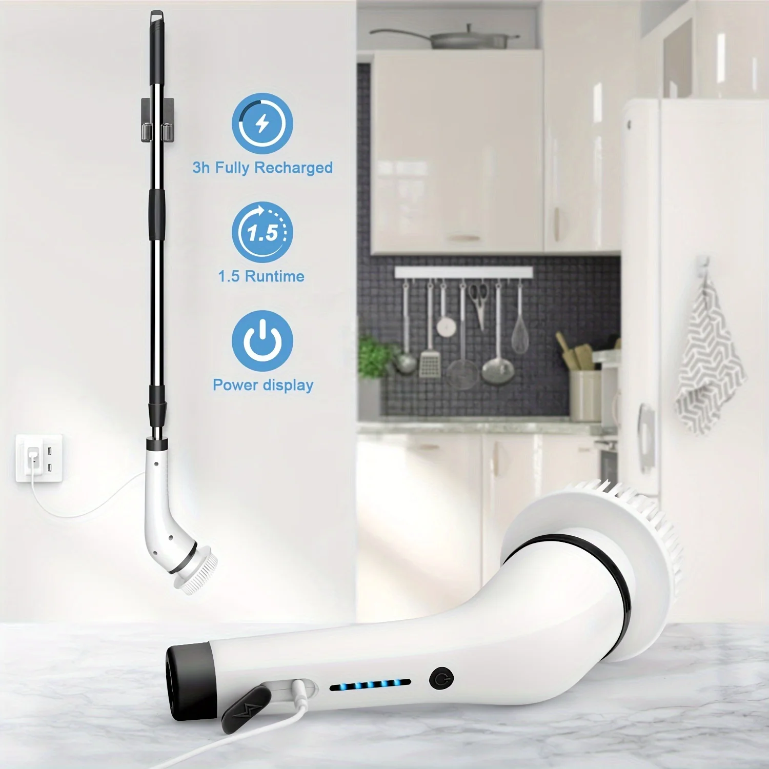 مجموعة واحدة، Ultimate - سرعتان، 8 رؤوس فرشاة قابلة للاستبدال، ذراع تمديد قابل للتعديل، منظف دش لاسلكي للتنظيف بدون جهد