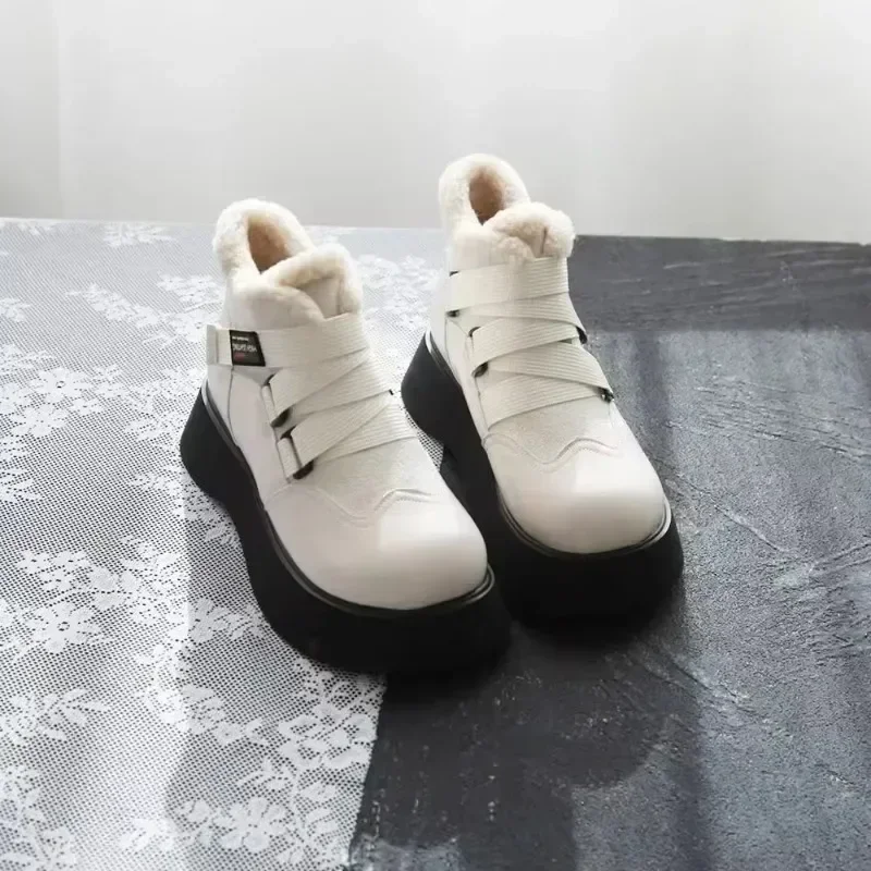 2024 inverno mulheres botas de tornozelo pu sola grossa de pelúcia quente inverno mulher sapatos apartamentos rendas até senhoras lolita sapatos ao ar livre deslocamento diário