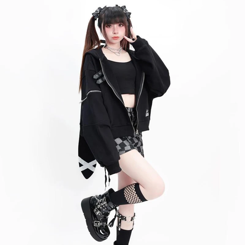 

Harajuku Black Letter Crop Hoodies Women Casual Rabbit's Ears Hooded Grunge Y2k Aesthetic Vintage Streetwear Zip Up Sweatshirt