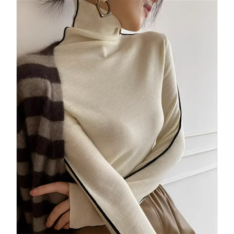 Gidyq Women Striped Warm Knitted Sweater Spring Y2K Elegant Korean Office Lady Simple Design Bottom Tops Casual Female Jumpers