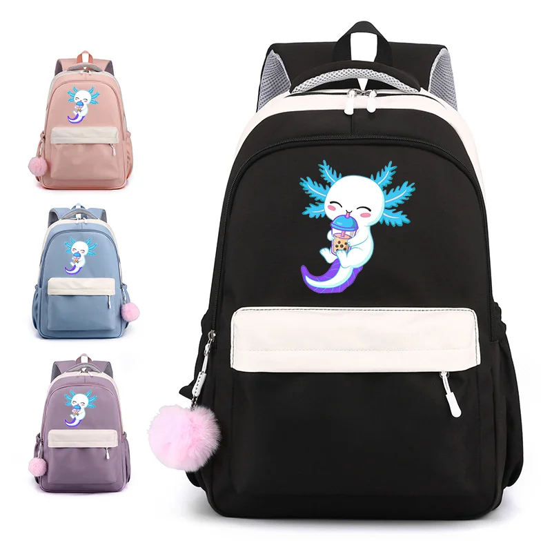 New Kawaii Cute Axolotl Pattern Backpack Teenagers Casual Cartoon Axolotl Schoolbag Outdoor Large Capacity Backpack School Bag