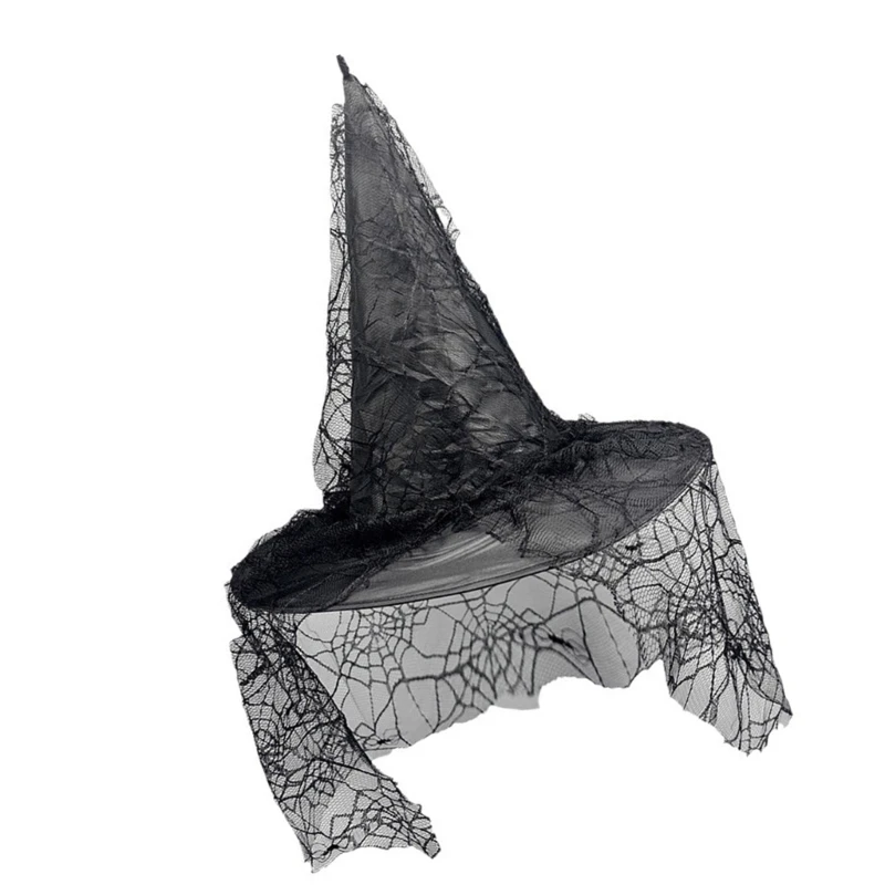 Halloween Party Witch Hats Cobweb Black Ruffled Sheer Pointed Hat Cosplay Accessory Unique Witch Hat