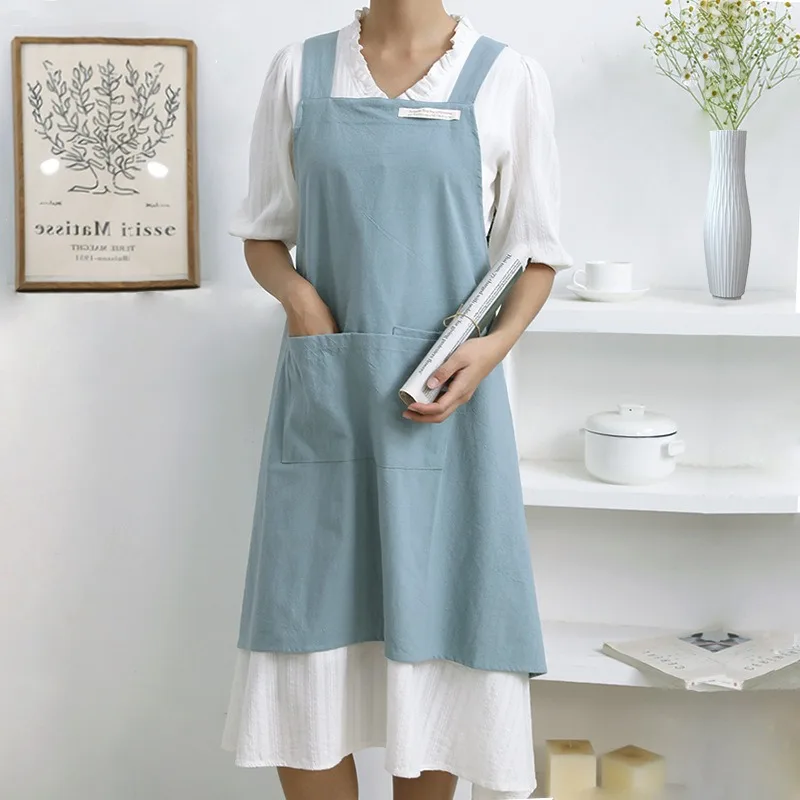 Minimalist style cotton linen apron with wide shoulder straps washed cotton household kitchen apron for women apron kitchen