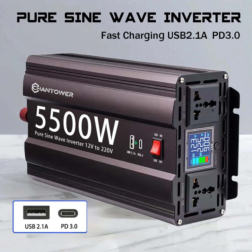 Pure Sine Wave Inverter 12V 220V 2000W/3000W/4400W/5500W DC to AC Converter Car Power Solar Inverter with Fast Charging USB C