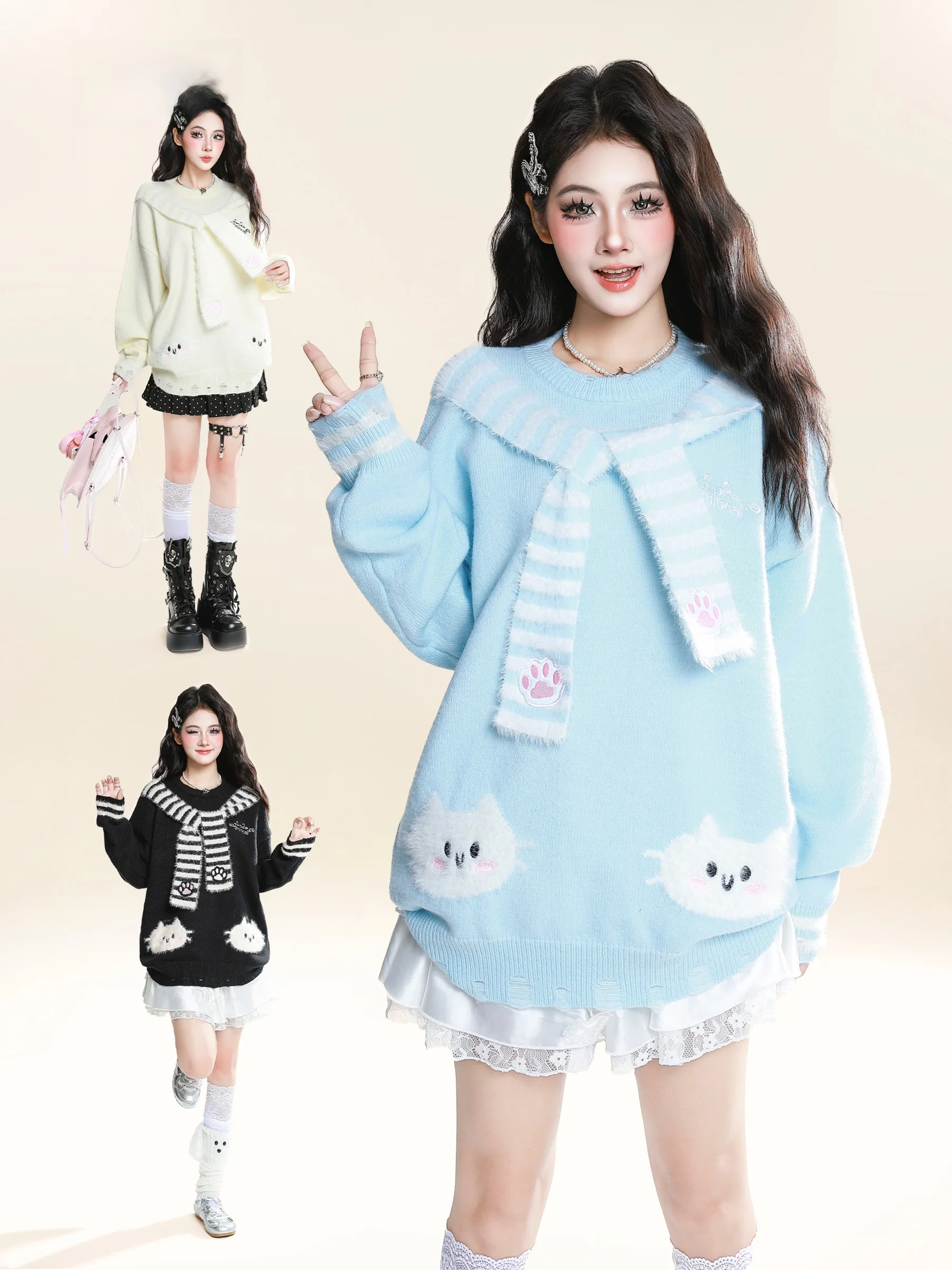 

Sweet Sle Knitted Sweater Women's Soft Cozy Patterned Scarf Included Camere Blend Long Sve round Ne Top