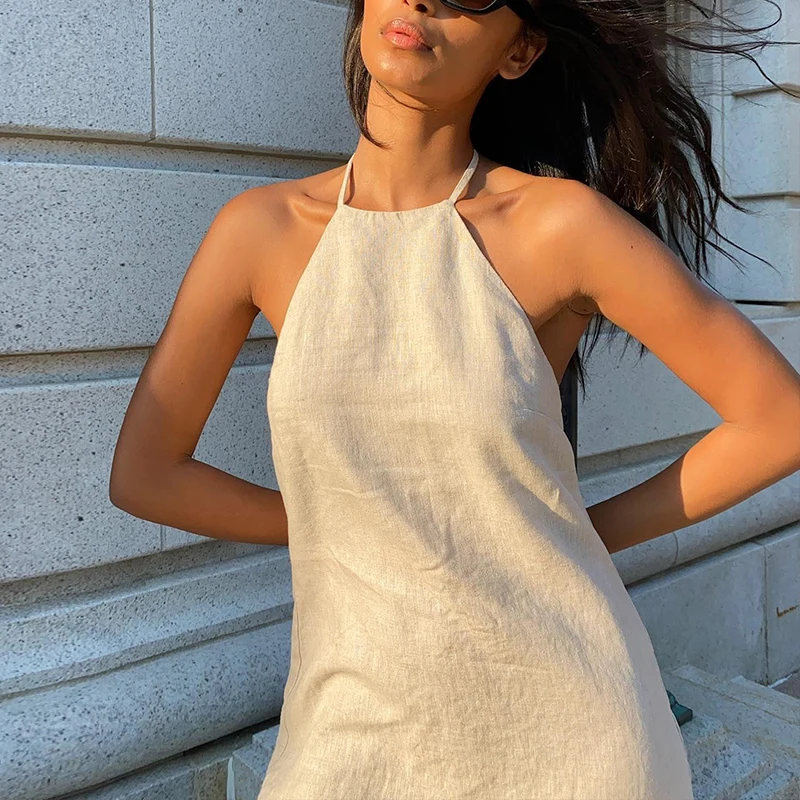 

Cotton Linen Sexy Halter Dress For Women Solid Sleeveless Back Bandage Lace Up Chic Elegant Women'S Summer Sundresses Vestido