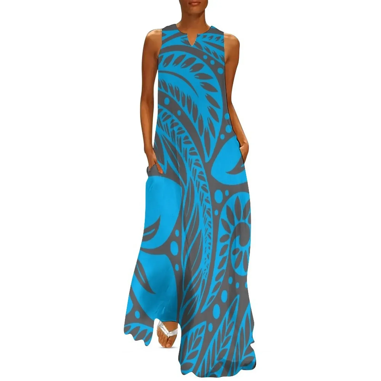

Blue Over Dark Grey Polynesian New Zealand Floral Tattoo Long Dress dress for women summer Dress