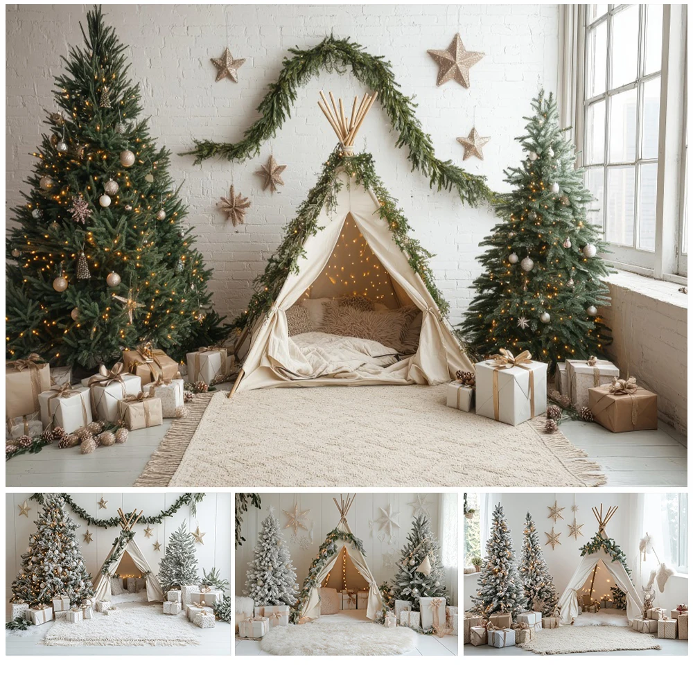 Christmas Decoration 2026 Photography Backdrop Camping Tent Xmas Tree Gifts Kids Birthday Portrait Family Party Photo Background