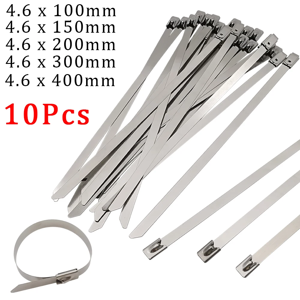 10Pcs Stainless Steel Cable Tie 4.6mm Multifunctional Self-locking Metal Winding Wire Tie Indoor Outdoor Strong Drawstring Strap