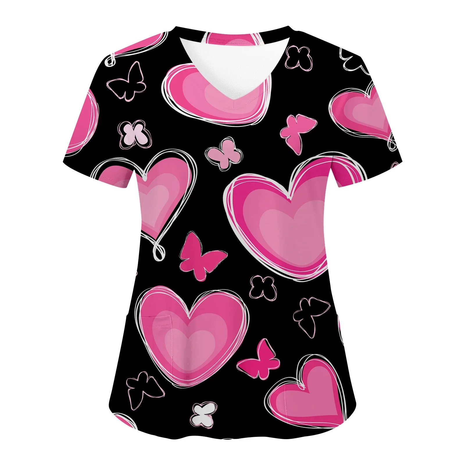 Nurse Uniforms Womens Valentine'S Day Love Print Short Sleeved Pocket Working Uniform Cartoon Workwear Working Nursing Uniforms