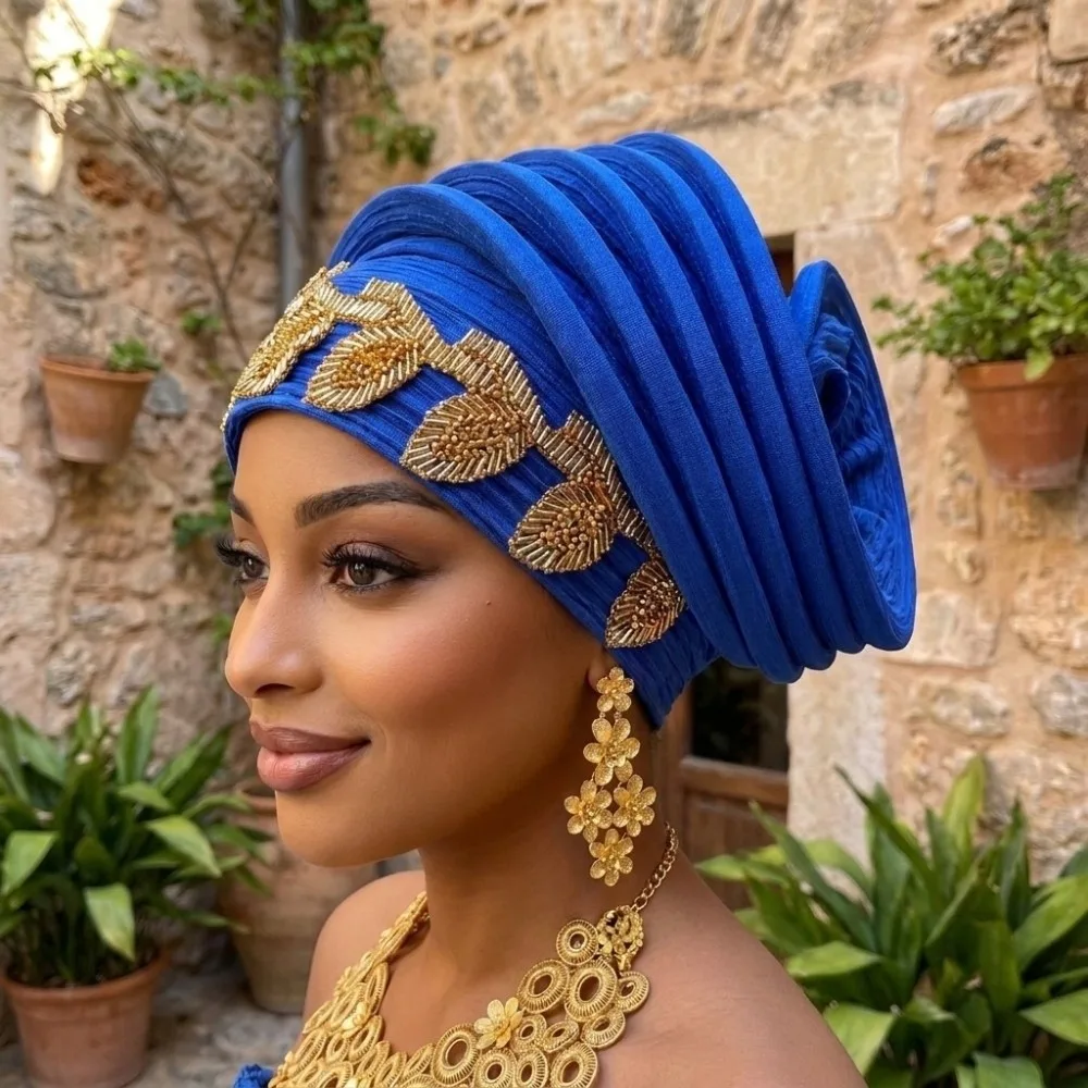 Shiny African Gele Headwrap Leaf Gold Embellished Yoruba Turban Hat Multiple Color Options Pre-tied Traditional Headpiece