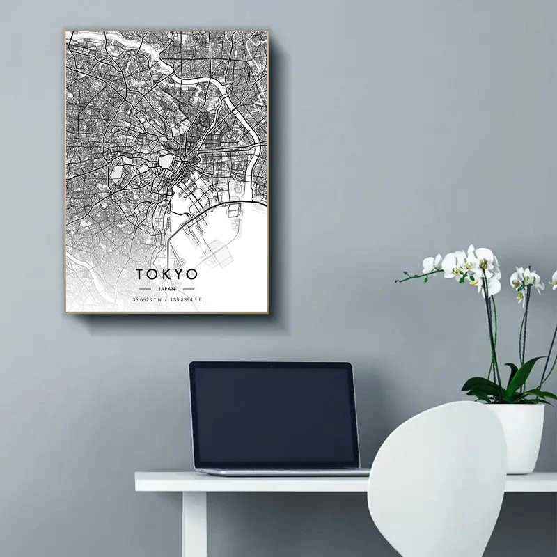 ملصق فني مطبوع بالأبيض والأسود لخريطة المدينة ، باريس ، نيويورك ، لوحة قماشية ، صورة جدارية ، غرفة المعيشة ، ديكور المنزل