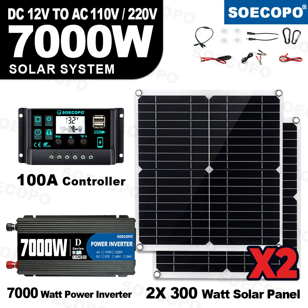 

SOECOPO 7000W System Set DC 12V - AC 110V/220V Inverter Camping 100A Controller Home RV Solar Controller 2*200W Solar Panels