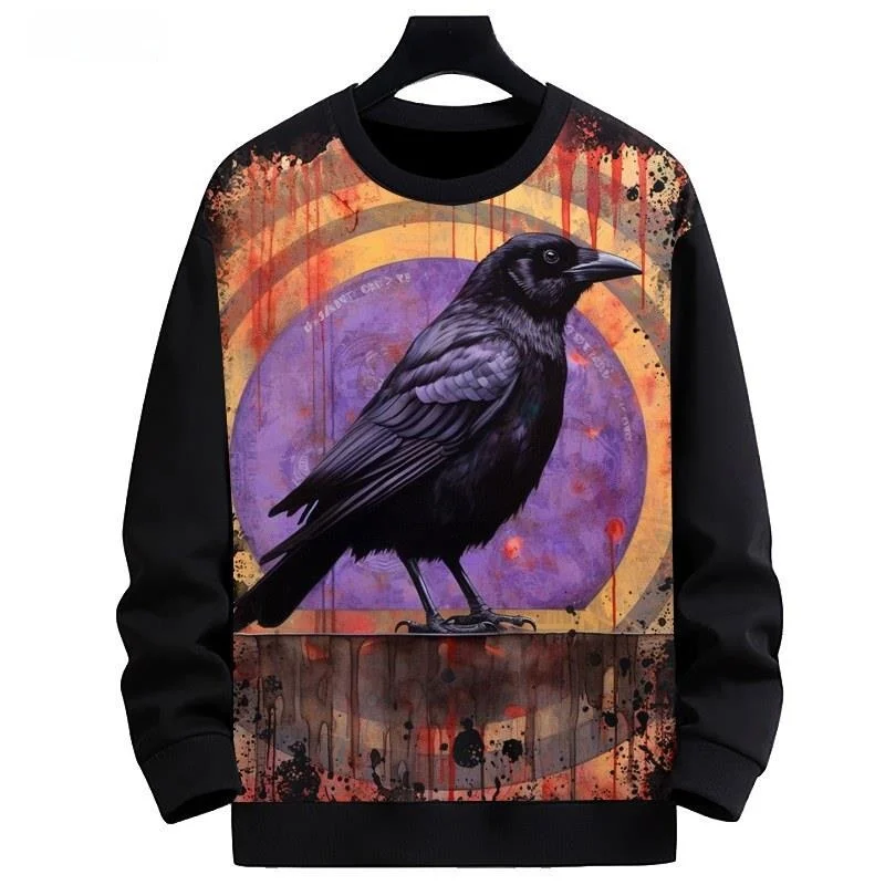 

New Style Crow Pattern round Neck Sweatshirt Digital Printing Men's Fashionable Outerwear Comfortable Polyester Fiber Hoodie