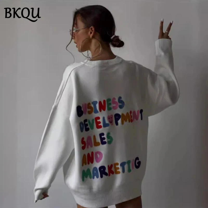 BKQU Sweater Women Letter Embroidery Long Sleeve O neck Knitted Pullover Casual Y2K Warm Thick Loose Elastic Sweaters Streetwear