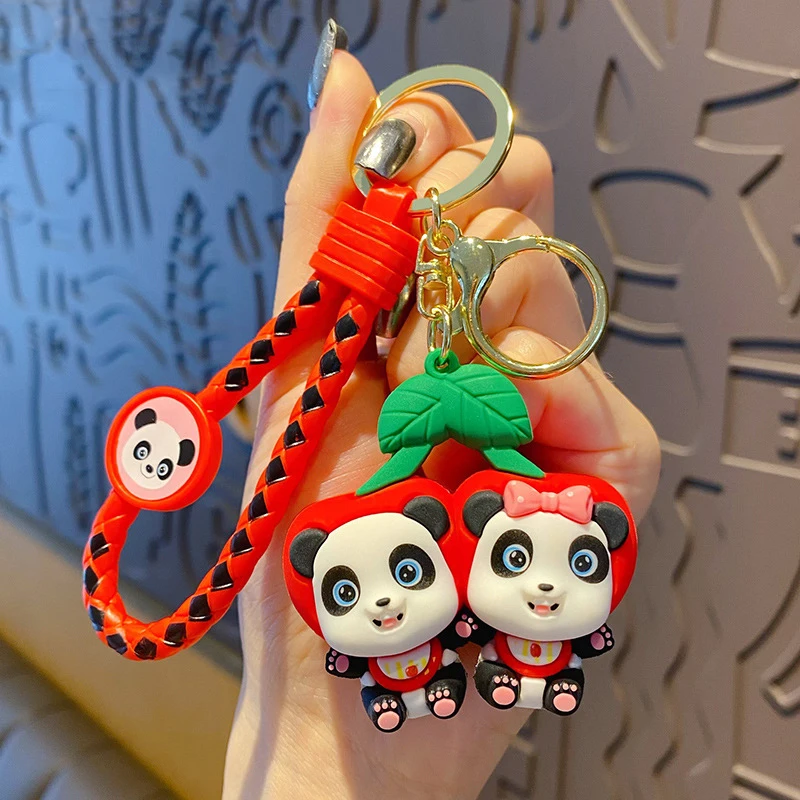 Cartoon Fruit Strawberry Siamese Panda Doll Key Chain Cute Watermelon Avocado Bow Panda Couple Keychain Pendant Bag Keyring Gift