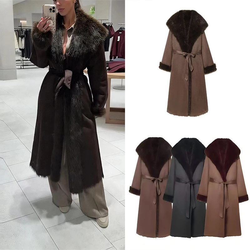 Guobioziy Women's Slim-Fit Faux Fur Belted Coat 2026 Autumn-Winter New European Casual Fashion Trend Daily Punk Street Style