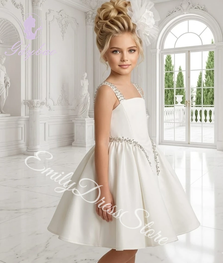 Customized Ivory Flower Girl Dress For Wedding Sleeves Mini Puffy Knee Length Beaded Kids Birthday Party First Communion Gown