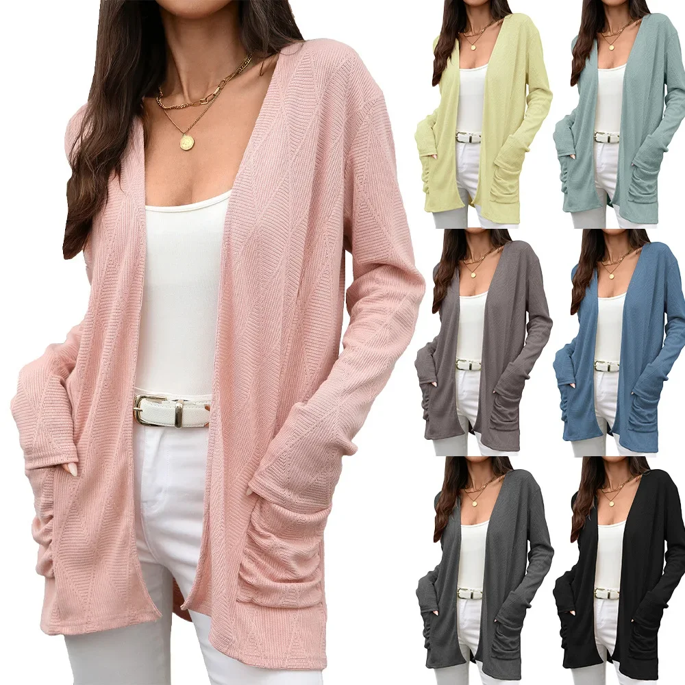 

With Pocket Pure Color Autumn Winter Fashion Outerwear Women's Knitted Open Cardigan Long Sleeve Mid-Length Coat