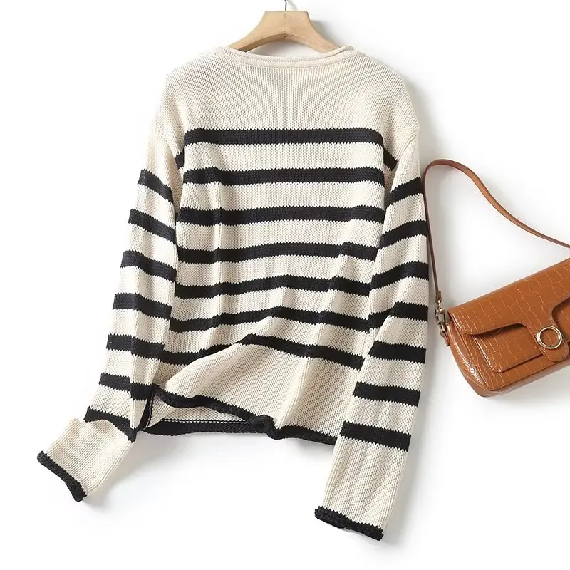 Dave&Di Autumn And Winter French Office ladies Sweater Strap Striped Retro Casual Sweater Women Knitwear Ladies