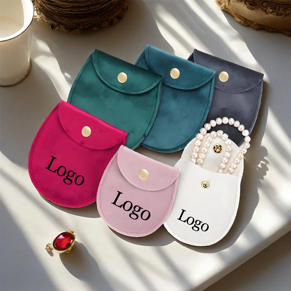 

Custom Logo Beige Grey Green Velvet Jewelry Snap Button Bag for Ring Earring Bracelet Pendant DIY Wedding Favors Dustproof Pouch