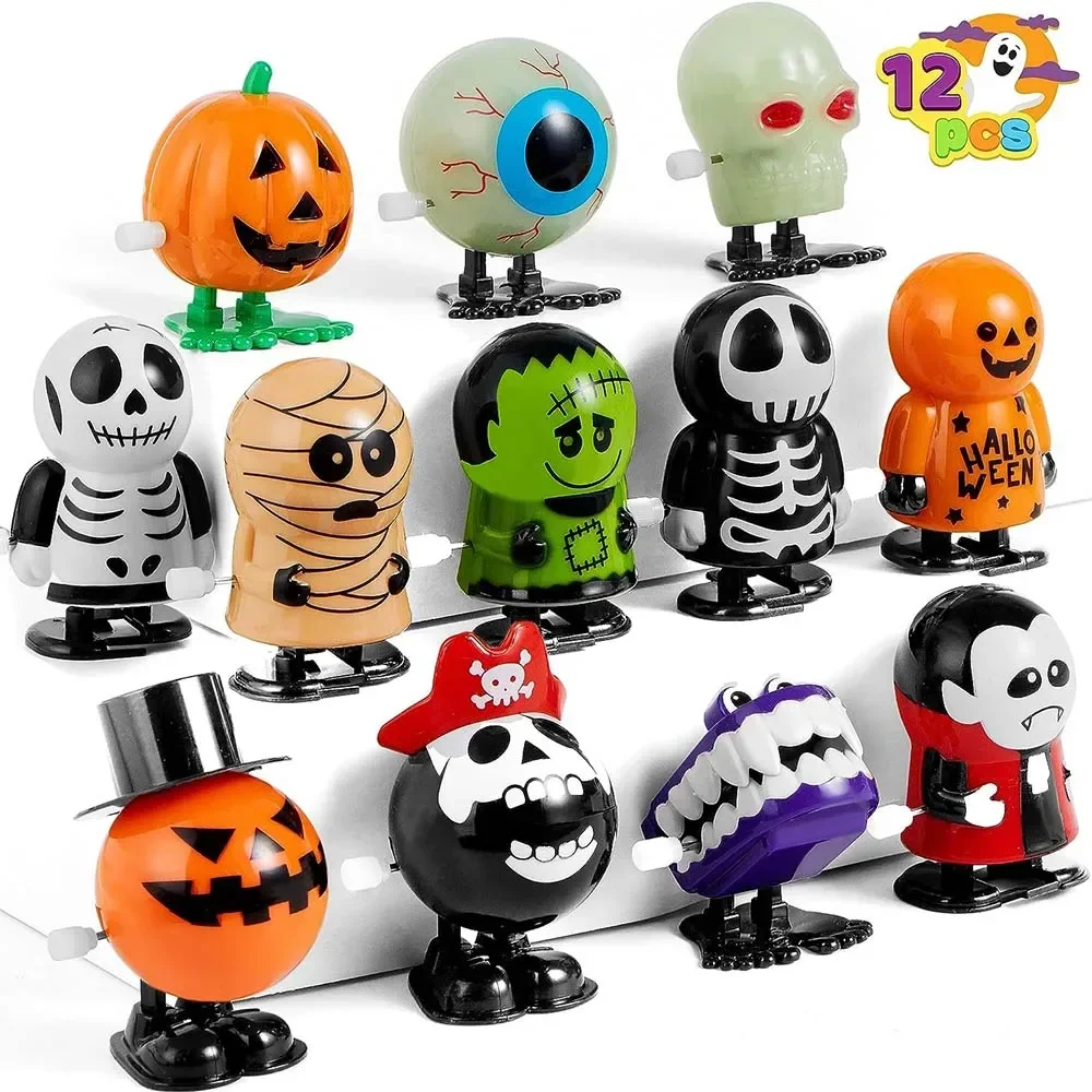 12 PCS Halloween Wind Up Car Toy Fun Halloween Pumpkin Ghost Skeleton Zombie Walking Jump Toys For Party Decor Children Gift