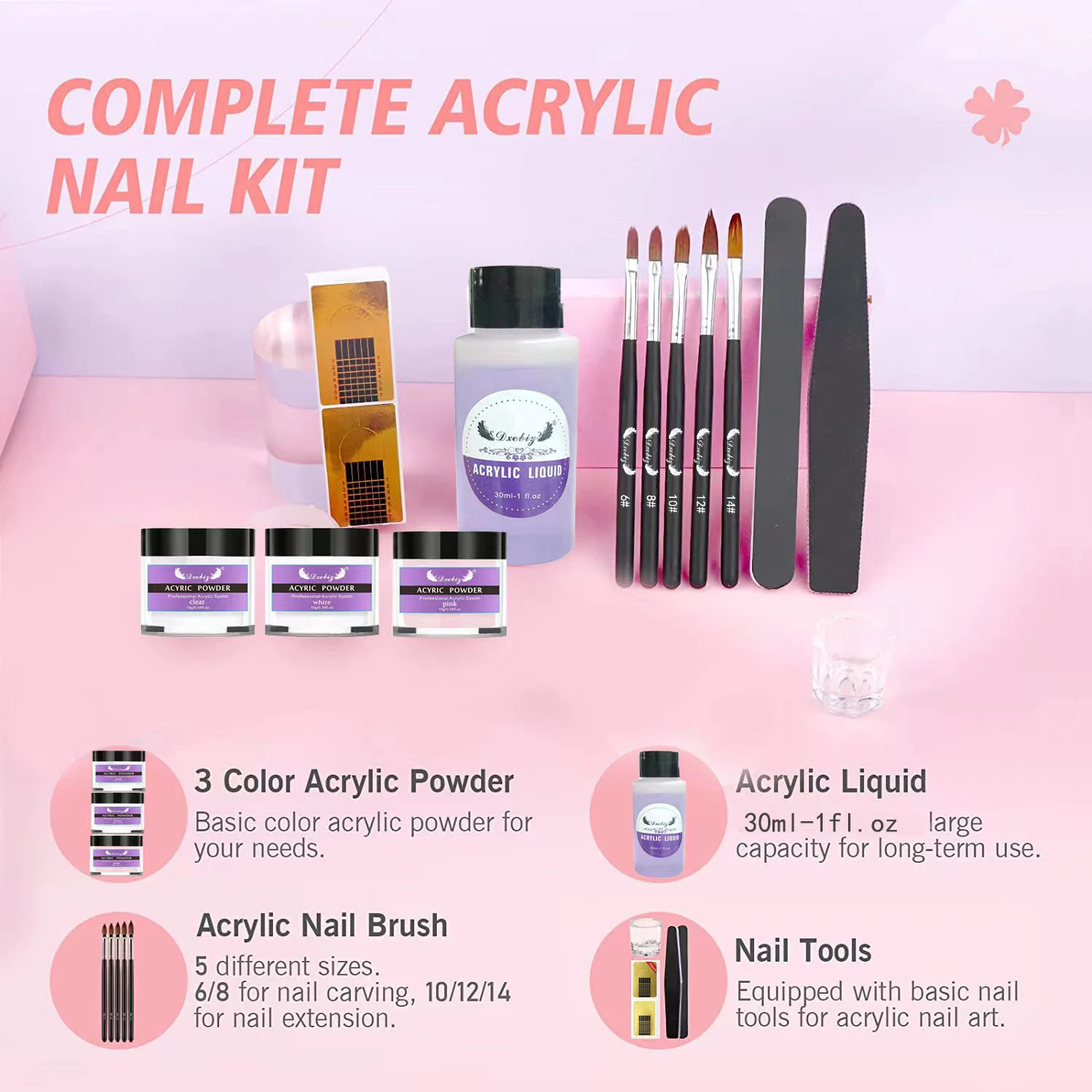 Acrylic Nail Kit Acrylic Powder and Liquid Set, Monomer Liquid Set with Nail Brush, Nail Powder Kit