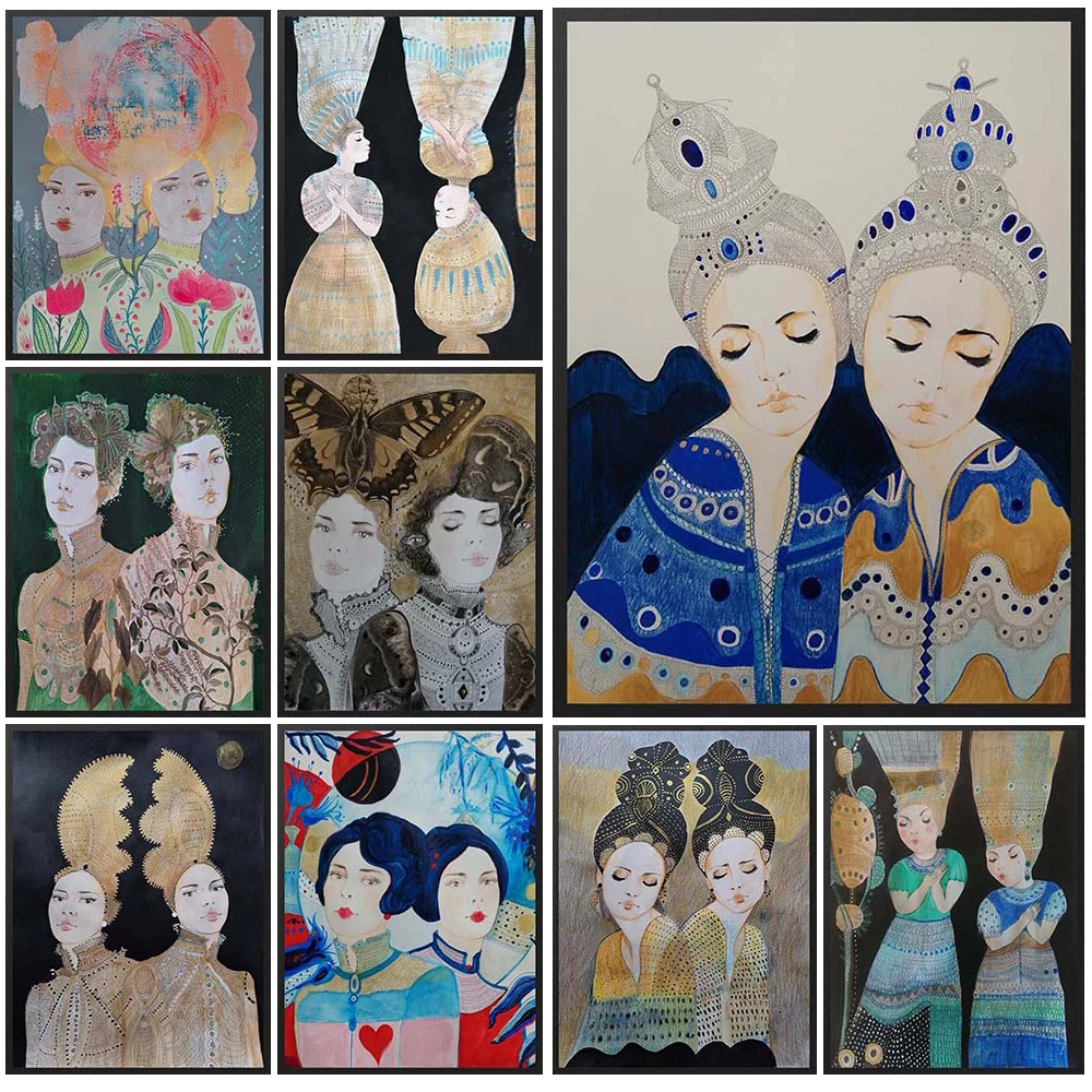 

Abstract Female Twins Girls Woman Portrait Poster Wall Art Canvas Painting Home Decor Wall Pictures For Living Room Unframed