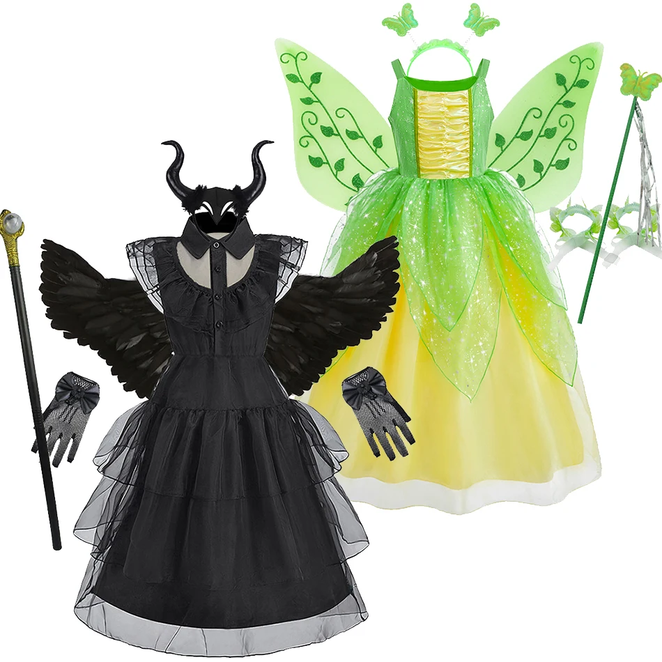 

Детский карнавальный костюм на Хэллоуин, праздничное платье феи ведьмы для девочек с крыльями, детская зеленая, черная карнавальная одежда на Рождество и день рождения