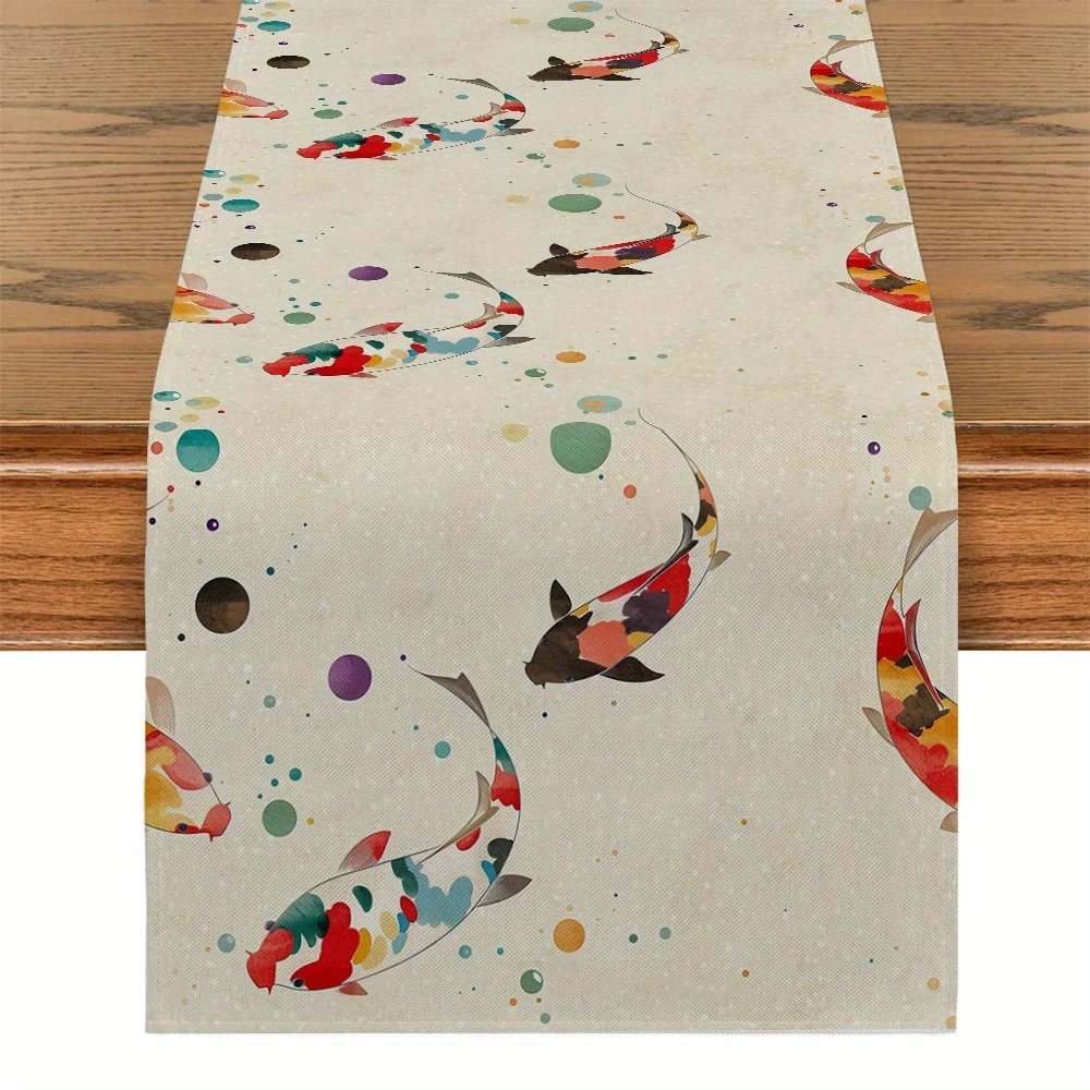 1pc Watercolor Koi Fish Table Runner Single Sided 2D Print Polyester Table Decor for Dining Room Kitchen Lucky Asian Art Vibe