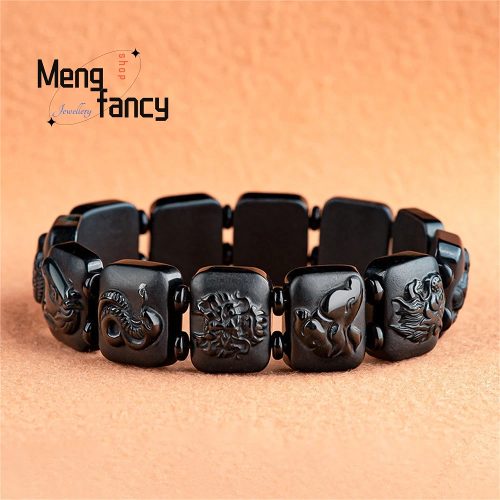 Natural Grade A Jadeite Black Jade 12 Chinese Zodiac Hand Signs Bracelet Ethnic Style High-End Fashion Jewelry Fine Holiday Gift