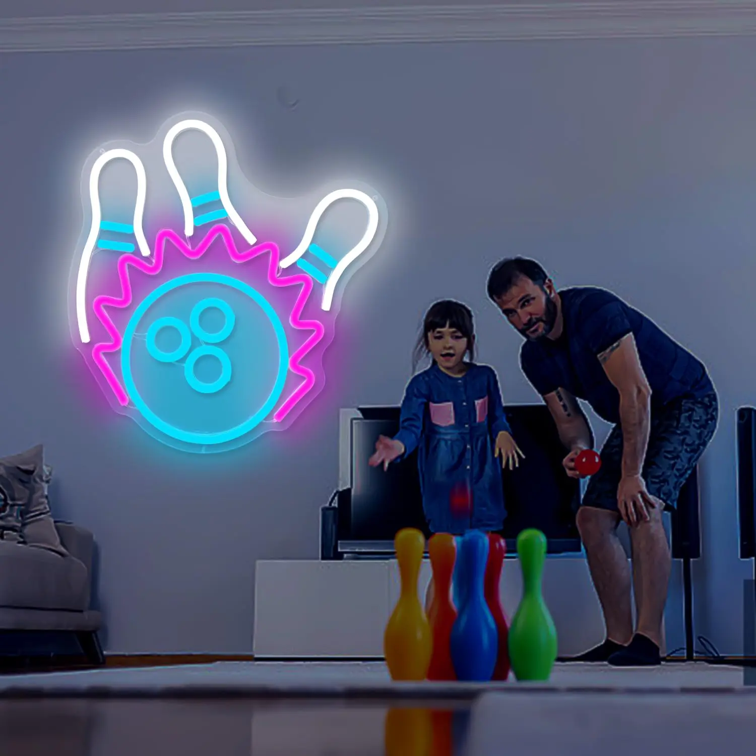 البولينج النيون لتزيين الحائط عكس الضوء كرة الانحناء ضوء النيون للرجل الكهف لعبة غرفة نوم غرفة اللعب نادي رياضي هدية #5