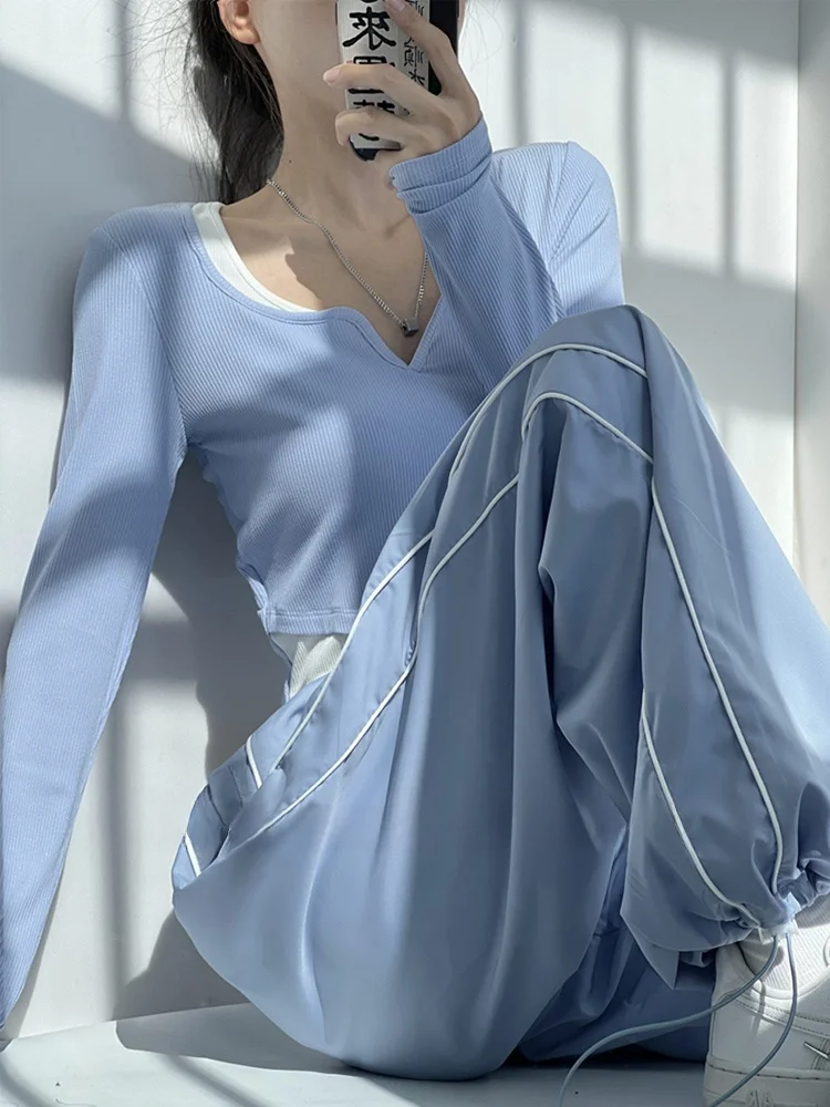 سليم صالح ort Sve تي شيرت المرأة الربيع V-ne اللون بلو طويل Sve Faionable التخسيس ort طول البطن Baring الأعلى #4