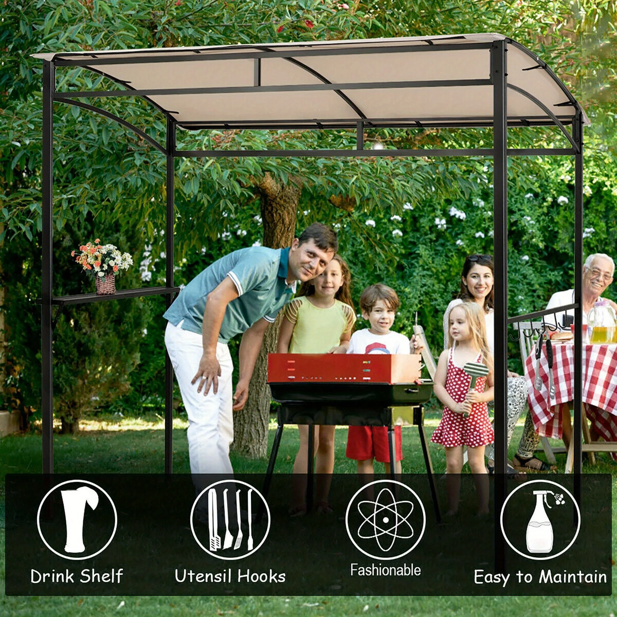 7ft x 4.5ft BBQ gazebo, outdoor patio garden BBQ awning with storage hooks, beige, suitable for parties, picnics, and BBQs.