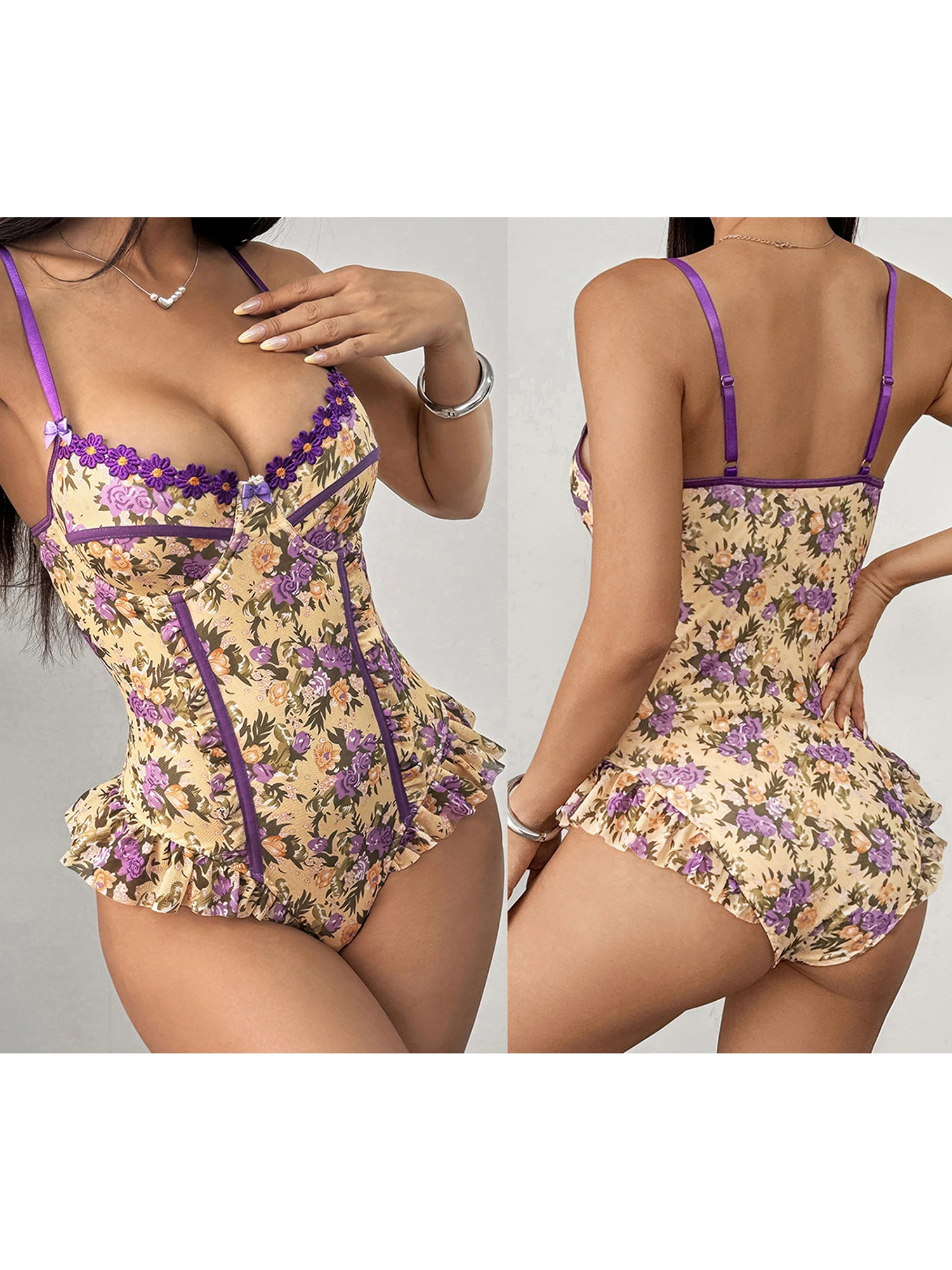 

Women s Summer Sleeveless Floral Print Ruffle Trim Open Back Bodysuit Playsuit Lingerie with Skinny Fit and Short Length