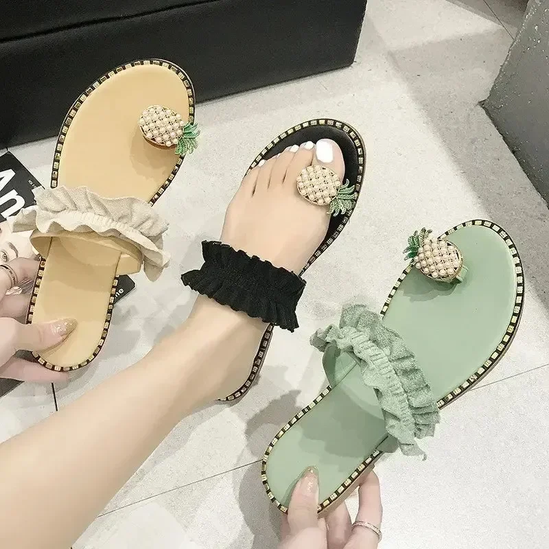 

2025 Women Summer Beach Sandals Slipper Pineapple Pearl Flat Toe Bohemian Ladies Shoes Outdoor Leisure Plus Size Mujer Verano