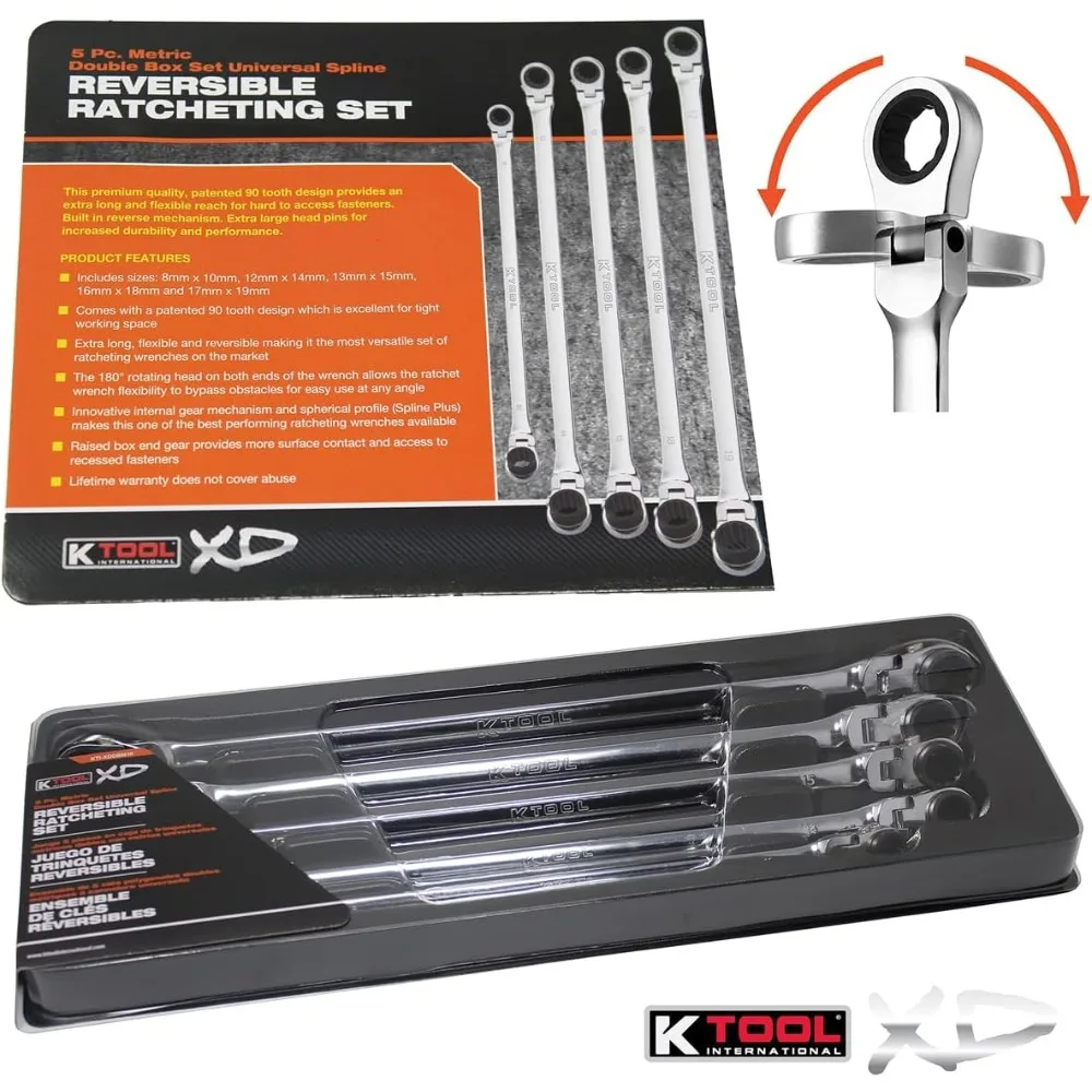 XDDBM10 5 Piece Reversible Double Box Ratcheting Wrench Set for Garages, Repair Shops, and DIY, Black