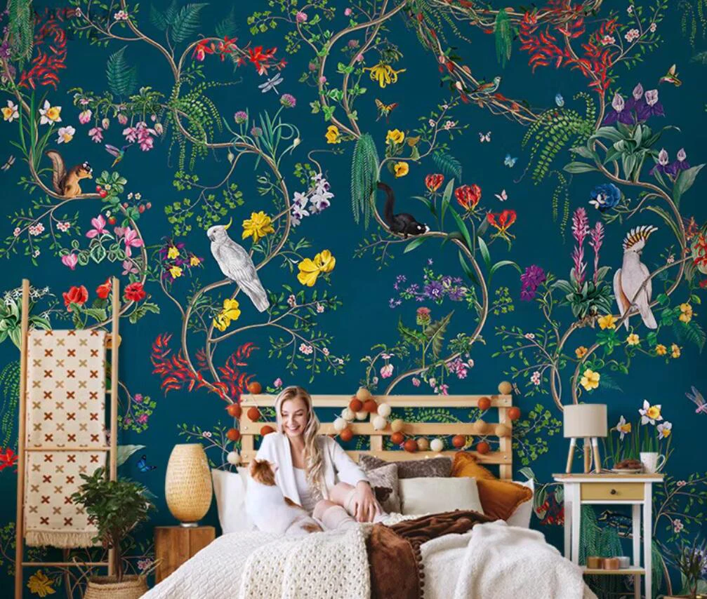 American oil painting flower and bird 3d wallpaper flower living room TV background wall customized mural sofa wall paper