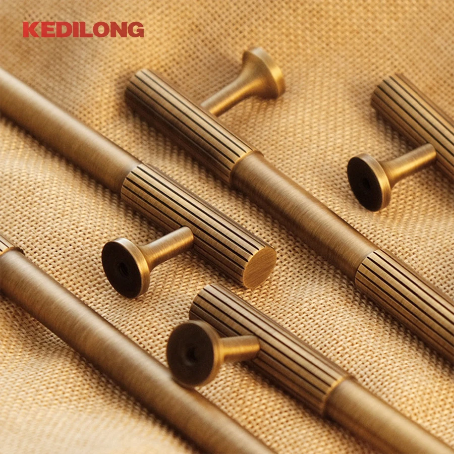 

KEDLO Solid Brass Handle Vertical Lines Linear Kitchen Cabinet Gold Knobs T Bars Drawer Pull Antique Brass Handle