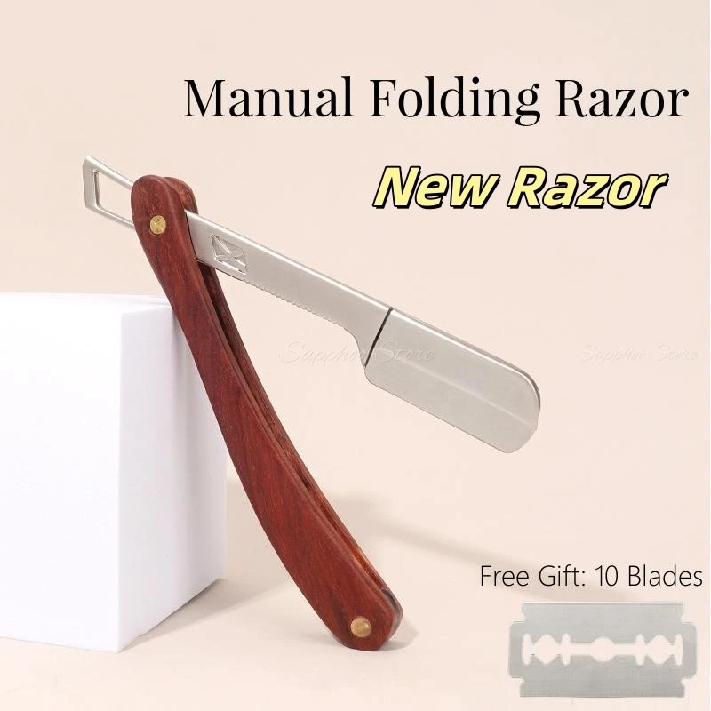 

Men Manual Folding Razor Zinc Alloy Haircut Beard Shaving Eyebrow Knife Hair Removal Tools Sandalwood/ABS Handle 10pcs Blades