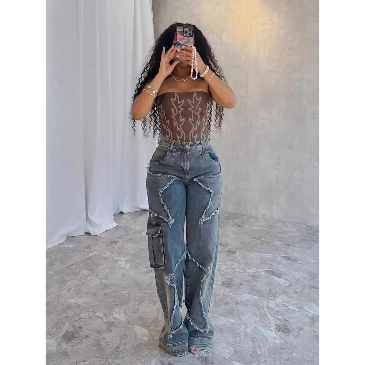 Losse casual damesjeans met rechte pijpen, gerafelde zoom, lamsfluwelen stof, herfst winter, nieuwe Sle Star kwastje, wijde pijpen broek