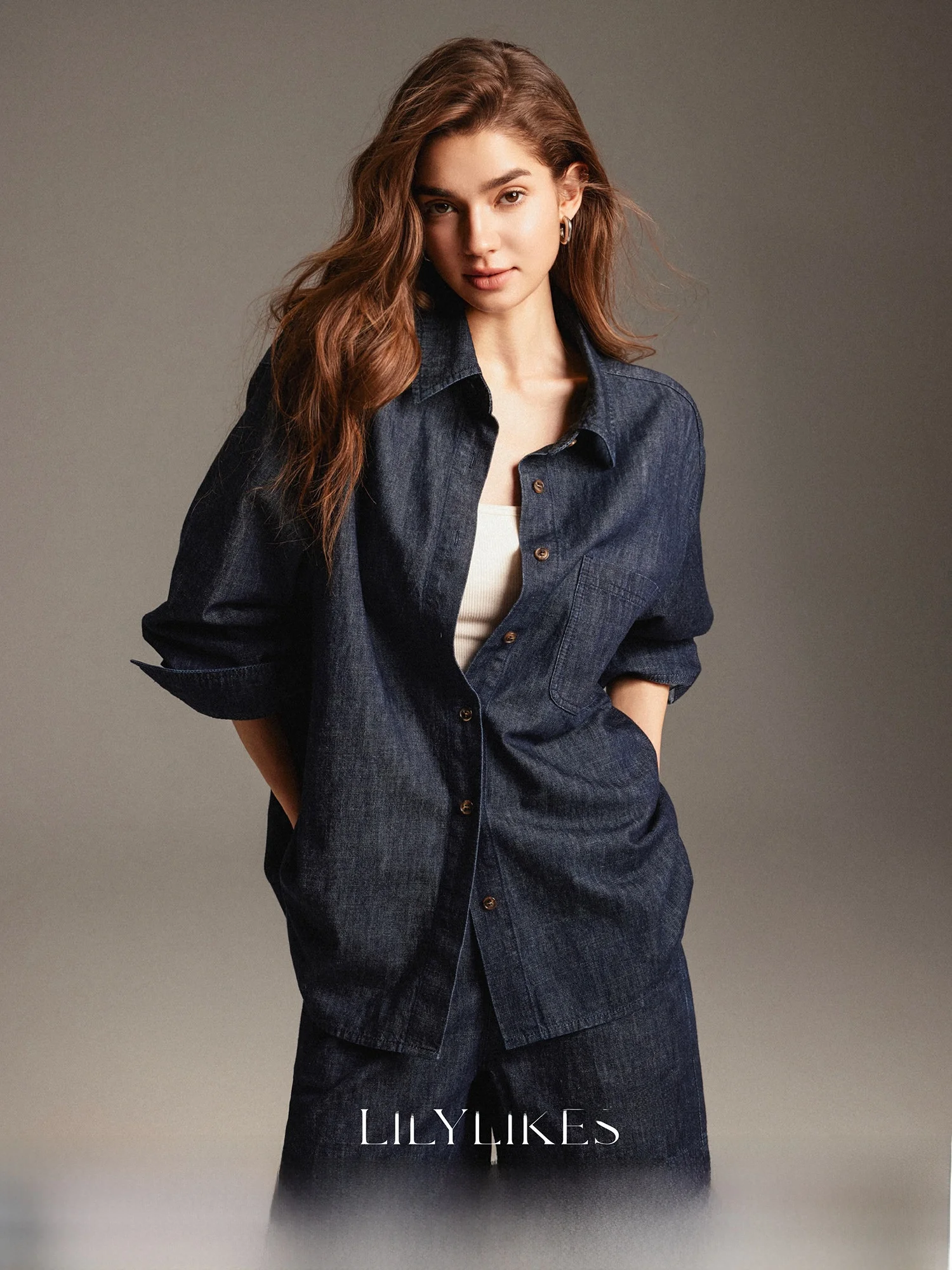 

Italian Deep Blue Denim BERTO Fabric Original Cow Color Jacket Set Women's Fashion Spring Collection High Waist Long Pants