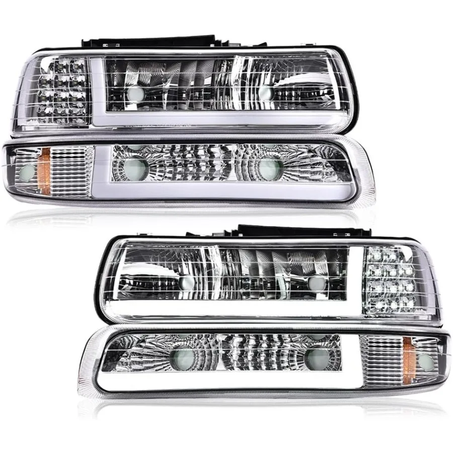 

LED DRL Headlights Assembly for Chevrolet Silverado 19992002 and Suburban Tahoe 20002006 with Clear Lens Chrome Housing and Amb