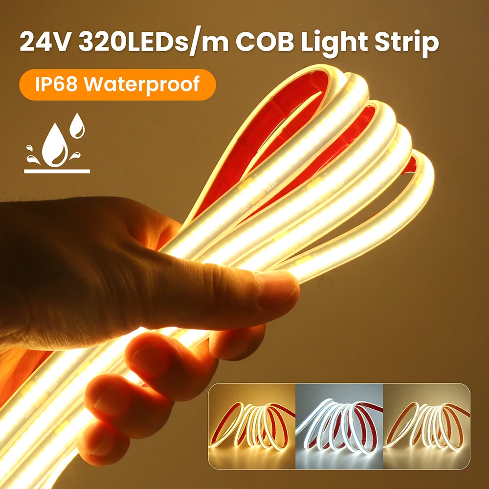 Tira de luces LED COB impermeable IP68 de 12V 24V PCB negro 3000K 4000K 6000K RA90 320LEDs/m cinta de luz para iluminación de piscina de jardín de baño
