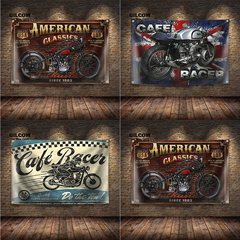 Retro Motorcycle Race Banner Flag USA Classic Vintage Poster Wall Vintage Garage Decor Advertisement   Sign Pub Club Bar view 2