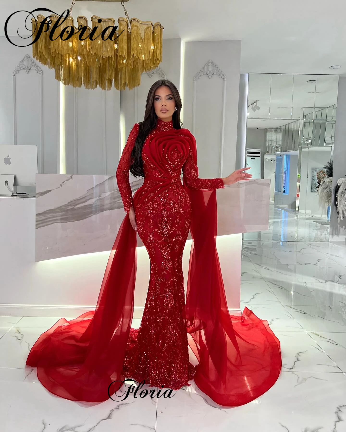 Formal Red Evening Dresses Mermaid Long Sleeves Celebrity Dresses For Women Vestidos De Gala Opening Ceremony Dresses Custom