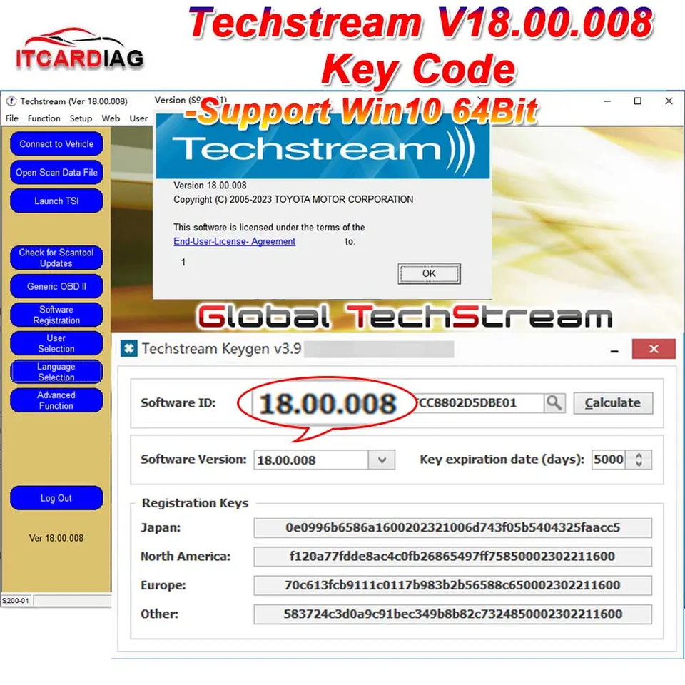 Techstream 18.00.008ソフトウェアリンクとアクティブコード,ミニvci